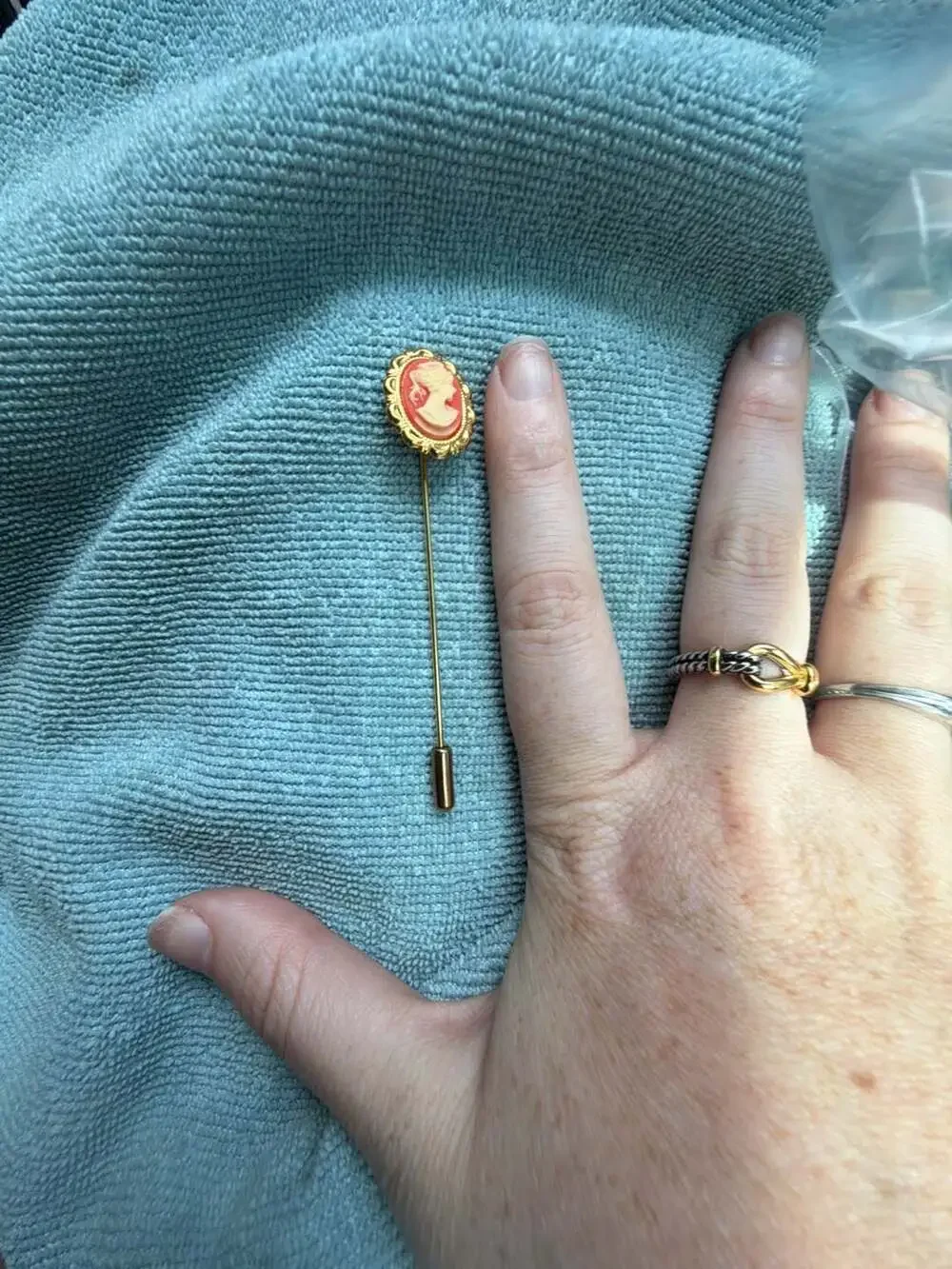 Vintage Gold Tone Oval Cameo Stick Pin Hat Pin with Coral and Cream Profile